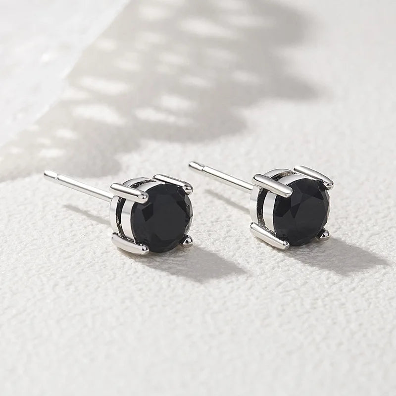 Vintage Obsidian Round Stud Earrings — 925 Sterling Silver