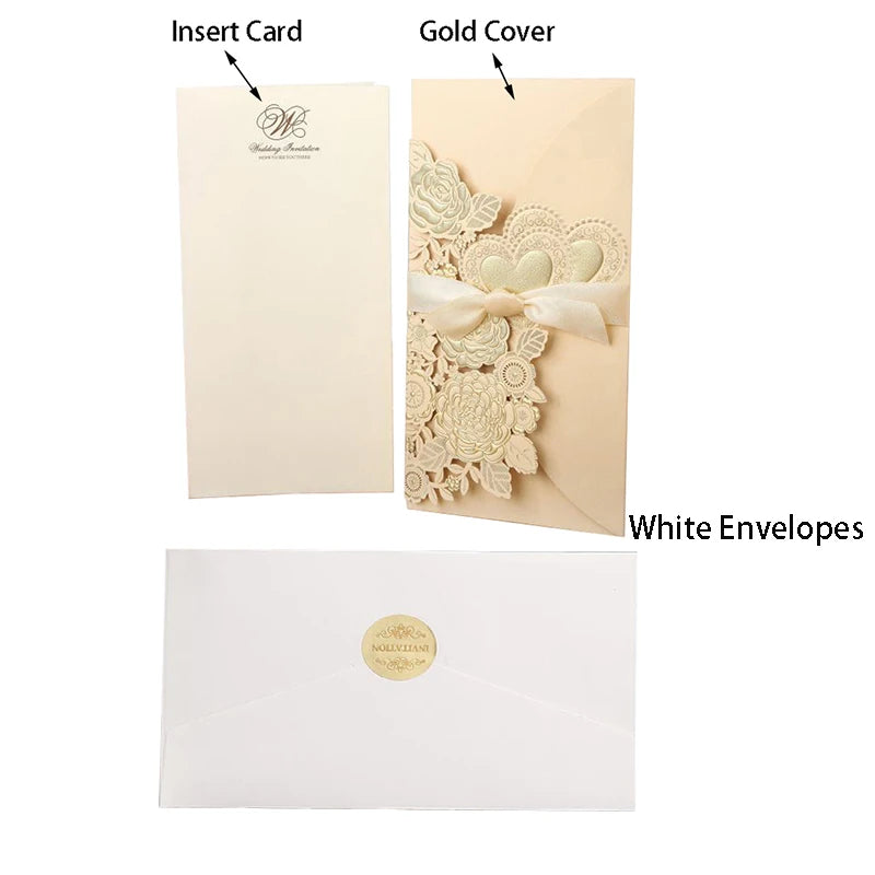 5/10 Pièces Cartes d'Invitation de Mariage Découpées au Laser Cœur d'Amour Personnalisées Cartes de Vœux avec Ruban Fournitures de Fête de Mariage ou de Douche Nuptiale
