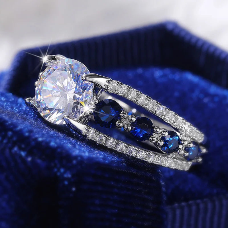 Blue & White Round CZ Wedding Ring — Elegant Bridal Band