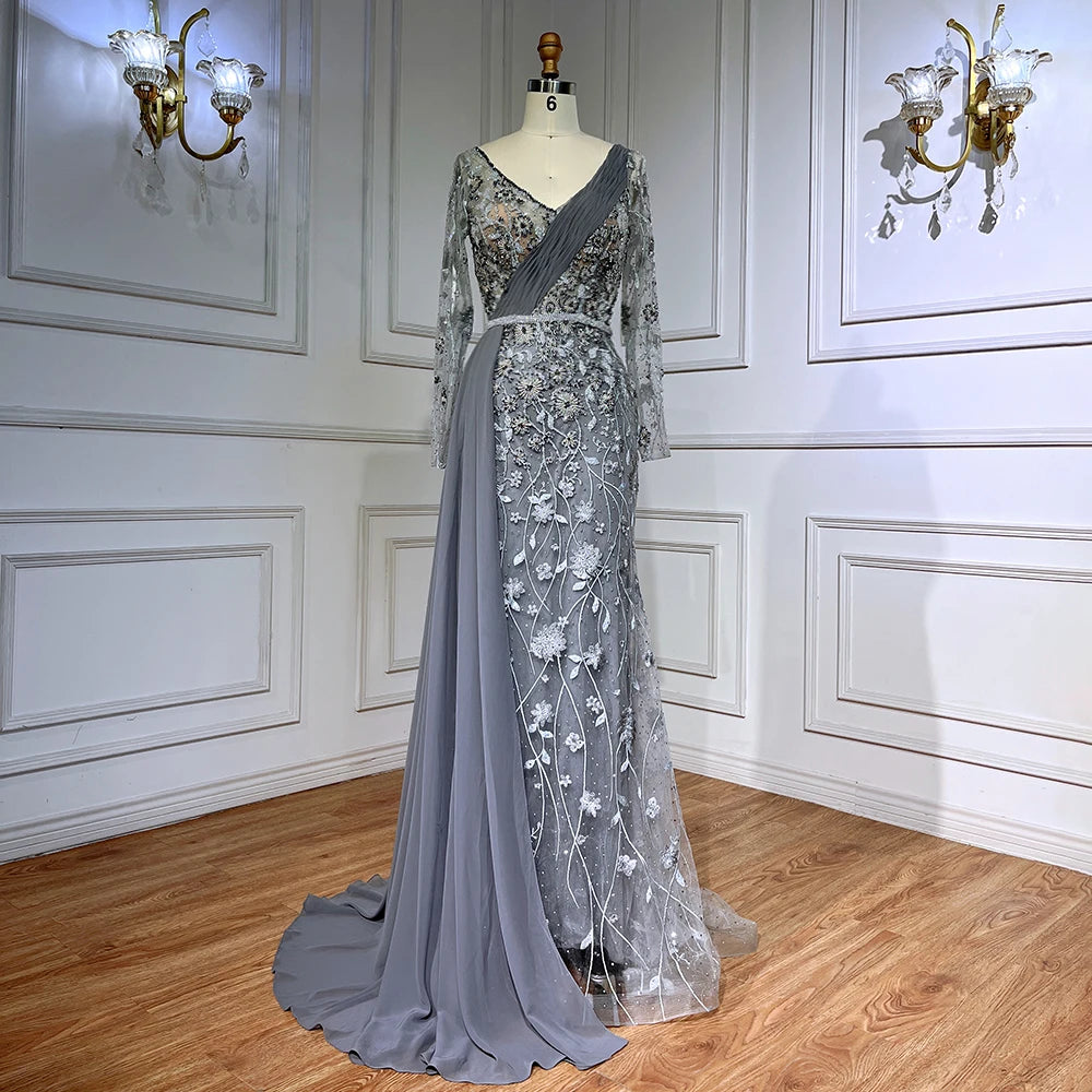 Robe de soirée sirène de luxe Feishiluo pour femmes, manches longues, perlée à la main, robe de bal, décorée de paillettes, taille naturelle