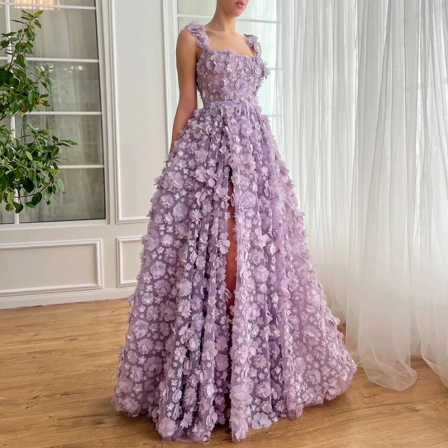 Élégante Robe de Bal Col Carré Douce Robe de Cocktail Femme Robes de Soirée Évasées Rêveuses Motif Floral