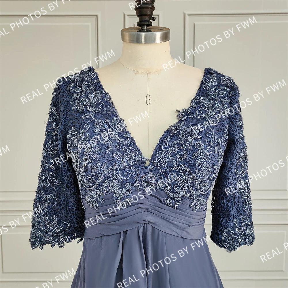 Photos réelles Robe de mariée en mousseline de haute qualité pour mère de la mariée, élégante, pour femme, demi-manches, perles, dentelle, robe de soirée