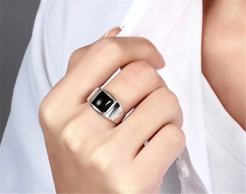 Male Ring For Bridegroom Wedding Accessories On Finger Trendy Silver 925 Ring For Men Jewelry Cool Crystal Black Square Bijou