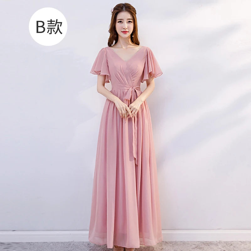 Nouvelle Robe de Demoiselle d'Honneur en Mousseline Rose, Coupe Évasée, Robe de Soirée Simple et Pas Chère pour Femmes