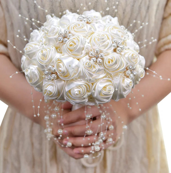 White & Ivory Pearl Beaded Bridal Bouquet with Ribbon Roses