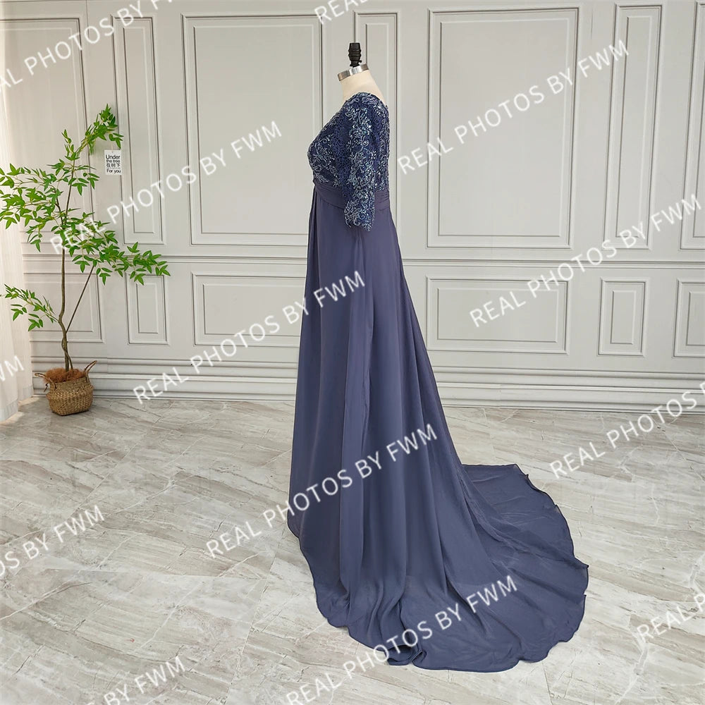 Photos réelles Robe de mariée en mousseline de haute qualité pour mère de la mariée, élégante, pour femme, demi-manches, perles, dentelle, robe de soirée