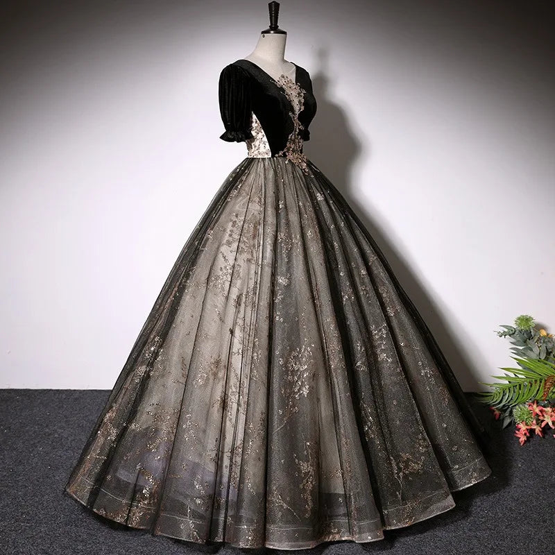 Robe de soirée trapèze noire en velours pour femme, col en V, appliqués, dos nu, pour anniversaire