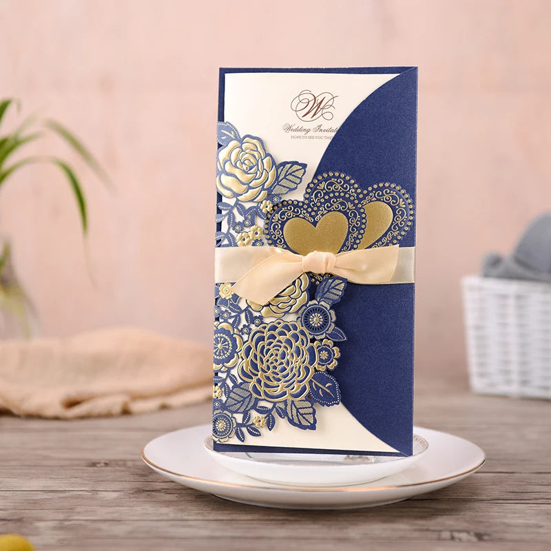 5/10 Pièces Cartes d'Invitation de Mariage Découpées au Laser Cœur d'Amour Personnalisées Cartes de Vœux avec Ruban Fournitures de Fête de Mariage ou de Douche Nuptiale