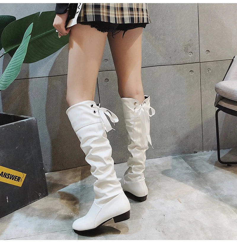 Chaussures Femme 2022 Printemps Bottes Hautes au Genou Rouge Noir Blanc Bottes Hautes Femme Plissées Talon Bas Décontracté Cuir Chaussures Longues Femme