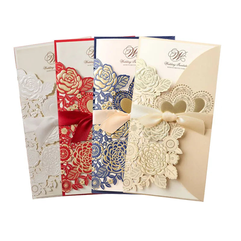 5/10 Pièces Cartes d'Invitation de Mariage Découpées au Laser Cœur d'Amour Personnalisées Cartes de Vœux avec Ruban Fournitures de Fête de Mariage ou de Douche Nuptiale
