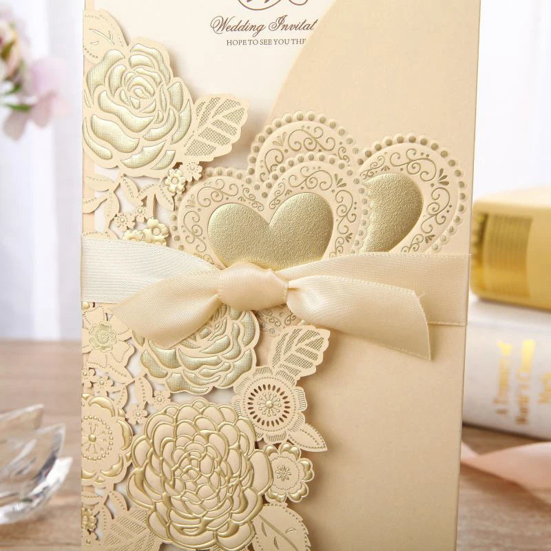 5/10 Pièces Cartes d'Invitation de Mariage Découpées au Laser Cœur d'Amour Personnalisées Cartes de Vœux avec Ruban Fournitures de Fête de Mariage ou de Douche Nuptiale
