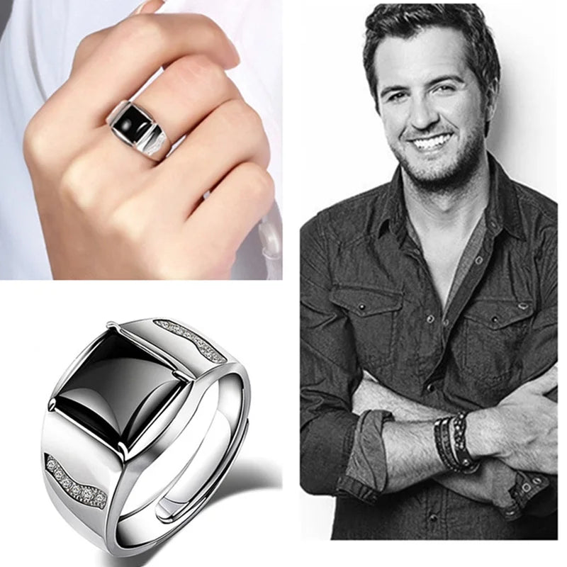 Male Ring For Bridegroom Wedding Accessories On Finger Trendy Silver 925 Ring For Men Jewelry Cool Crystal Black Square Bijou