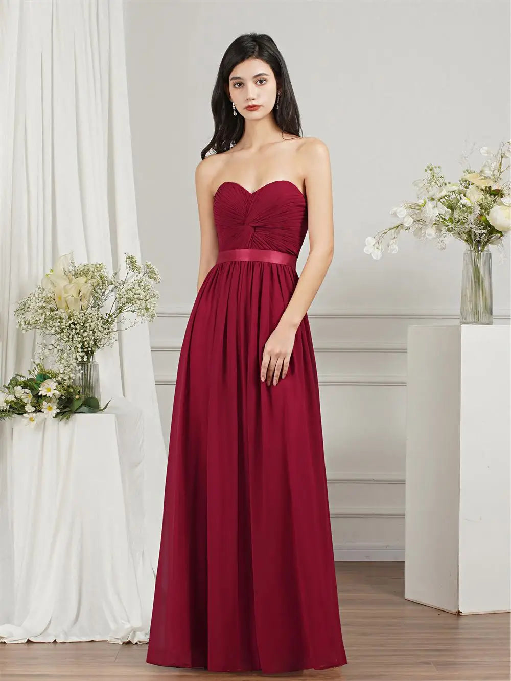 BABYONLINE Robes de demoiselle d'honneur pour fête de mariage élégantes bordeaux plissées en mousseline de soie coupe trapèze longues robes de soirée formelles de bal