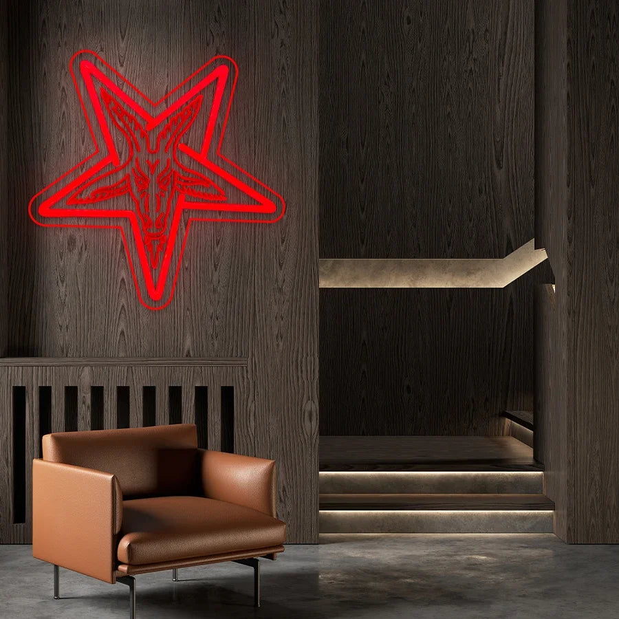 Bar Neon Art Wall Decor for Room Gothic Three-dimensional Carved Lamb and Inverted Baphomet Home Sign Five-pointed Beauty Star