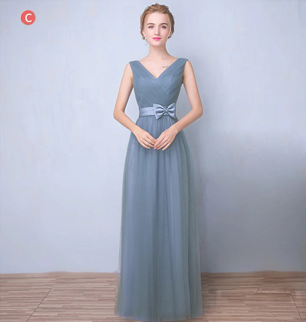 Élégante Robe de Demoiselle d'honneur Gris Bleu Simple 4 styles sans Manches Femme Classique Tulle Ceinture Satin Lacets Nœud Robe de Bal Ligne A