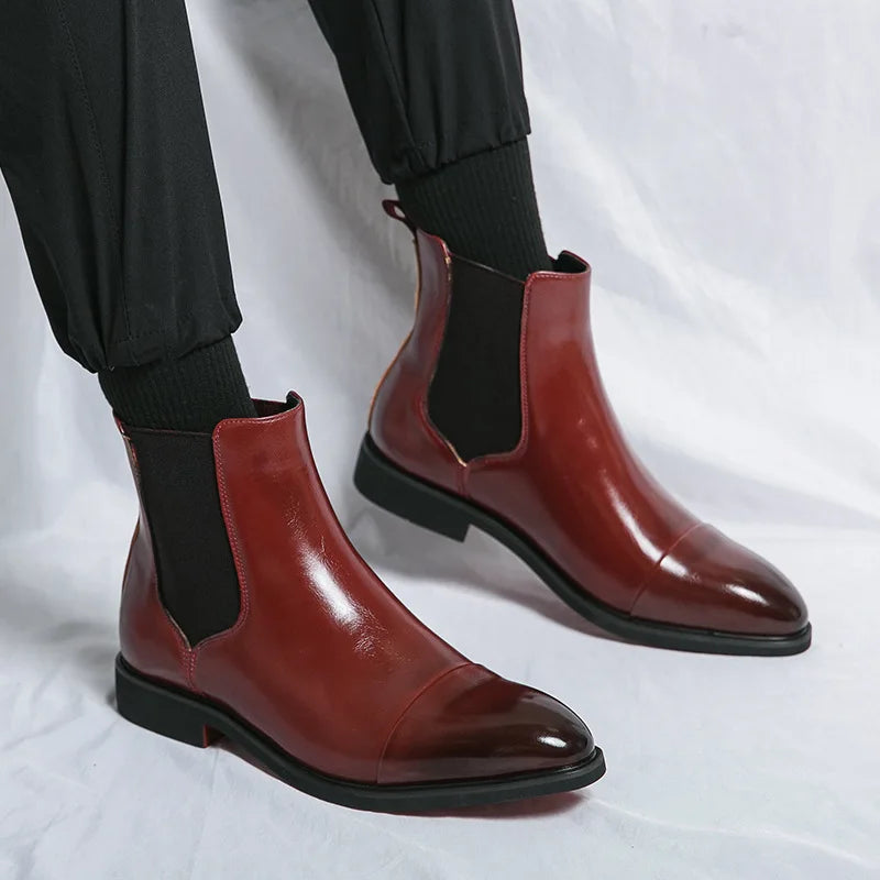 Bottes pour hommes Bottines d'affaires Semelle rouge Bout pointu Bottes habillées Chaussures montantes en cuir de style britannique Chelsea pour hommes décontractées à enfiler