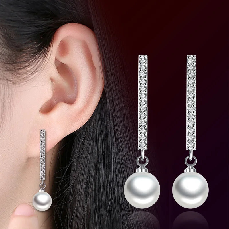 Longues boucles d'oreilles pendantes zircon et perle — Argent sterling 925