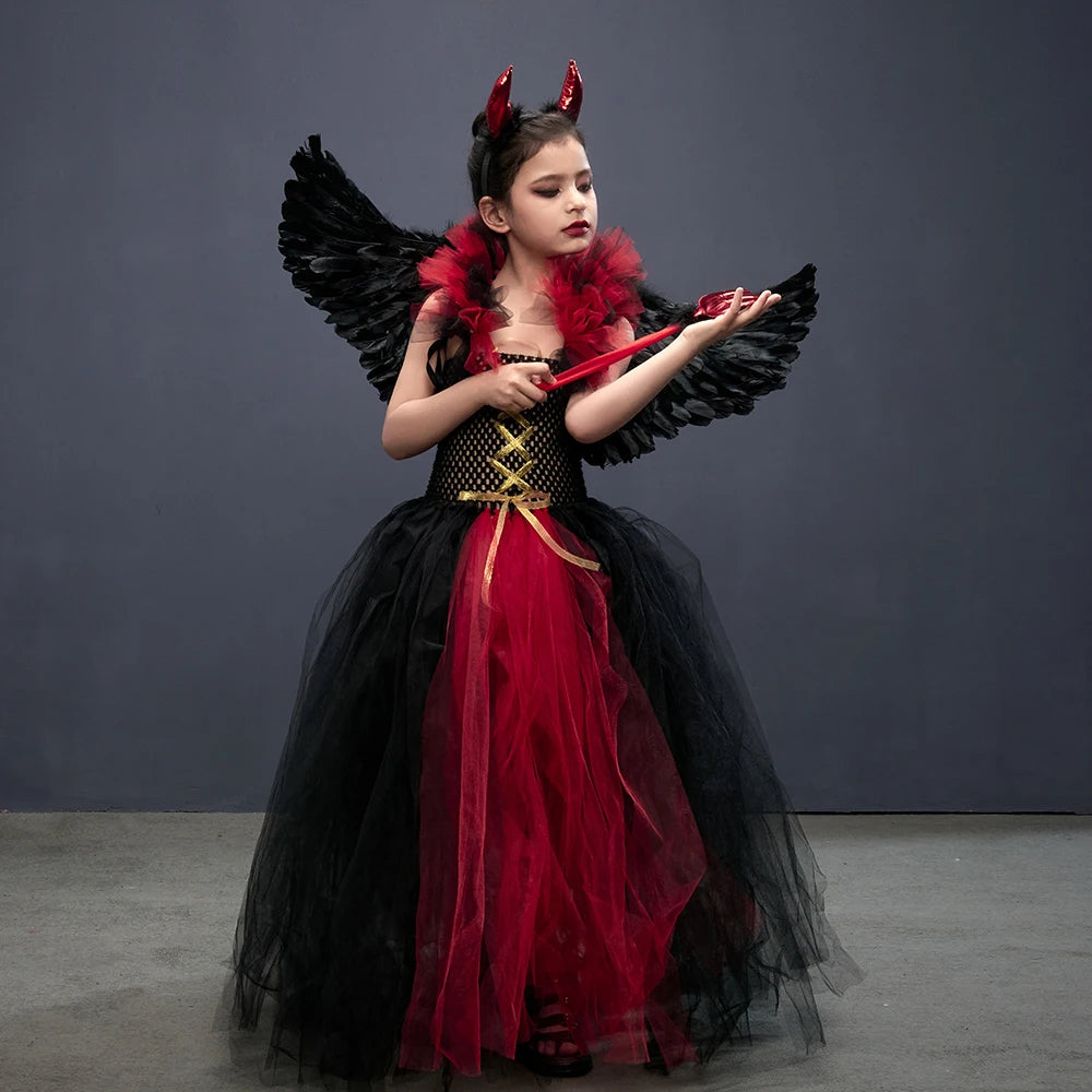 Costume de petite fille vampire gothique Robe de reine maléfique Tutu pour Halloween Fête cosplay Vêtements pour enfants Déguisement