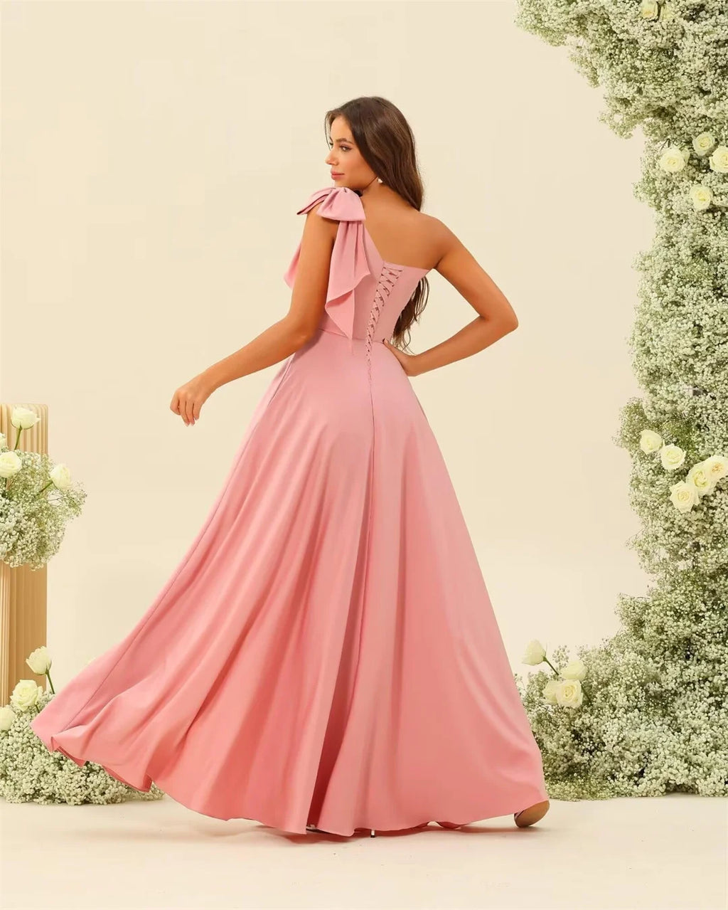 Elegant Satin Bow One-Shoulder Bridesmaid Dresses A-line Slit Backless Solid Simple Guest Ball Gowns Lace Up Wedding Prom Dress