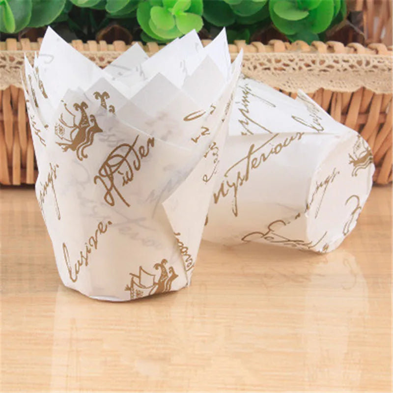 50x caissettes à cupcake de style journal, pour pâtisserie, mariage, caissettes tulipe, moule à muffins, papier sulfurisé, emballage de gâteau résistant à l'huile