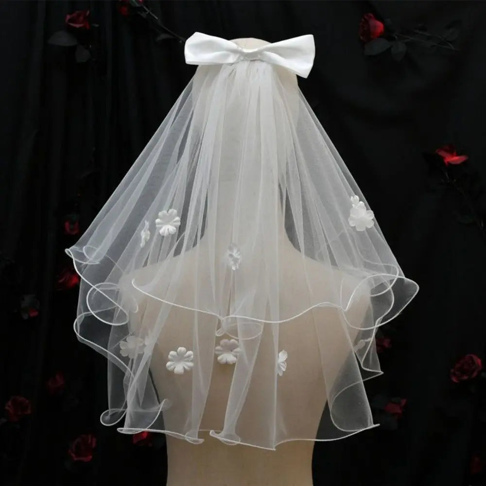 Fleur de mariage Voile de mariée Ruban de perles Tulle de tête de mariée Double couche Coiffe de mariée Tulle de mariage pour femme