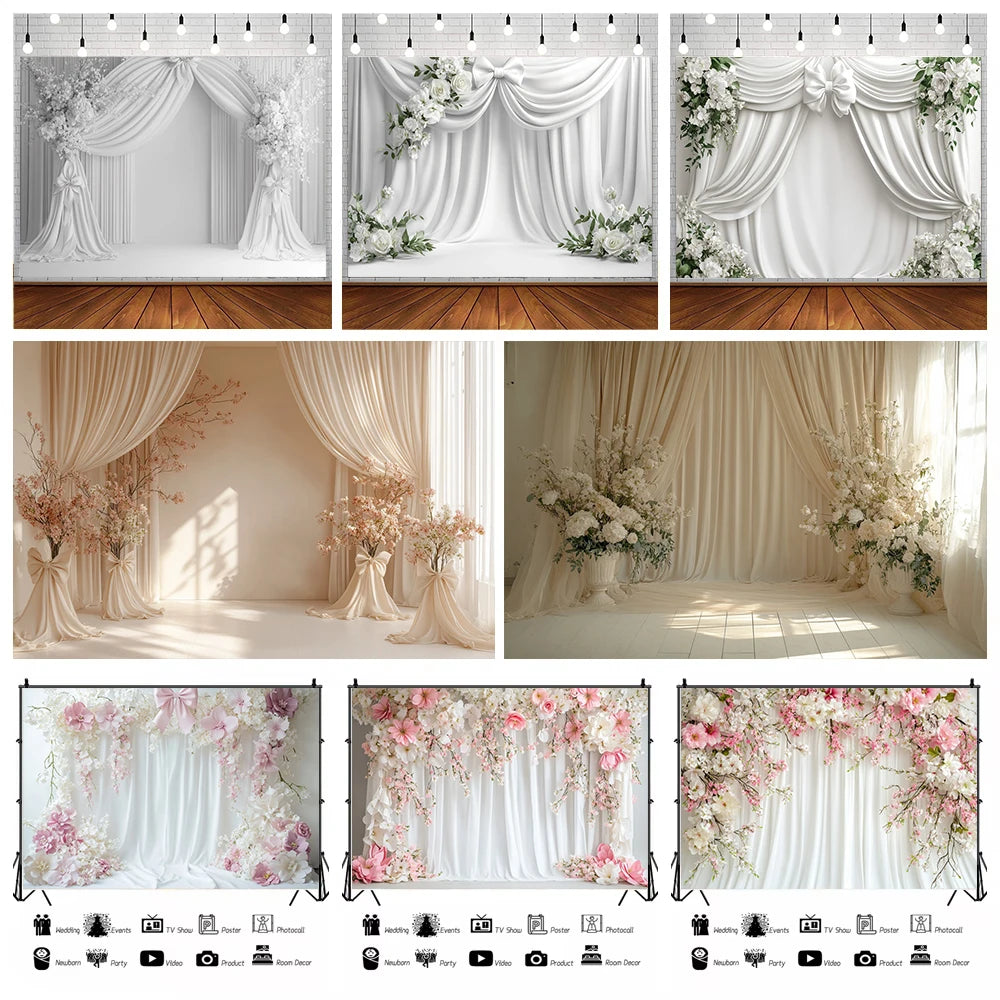 Toile de fond de fête pour photographie, motif mariage, fleur rose, palais, mur blanc, pour fête prénuptiale, décor de portrait de mariage, arrière-plan photo