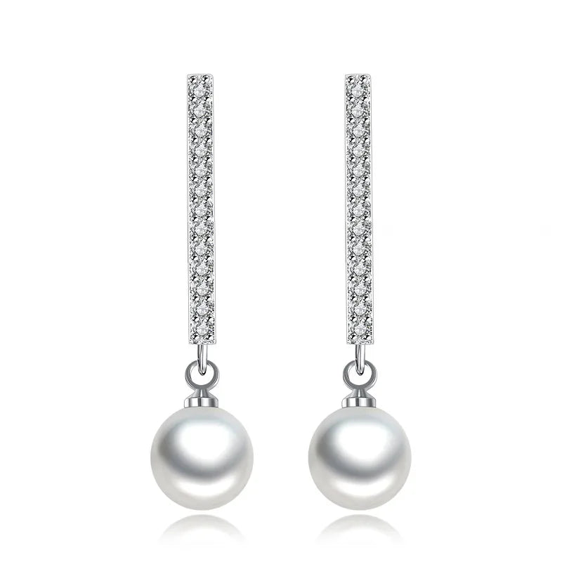 Longues boucles d'oreilles pendantes zircon et perle — Argent sterling 925