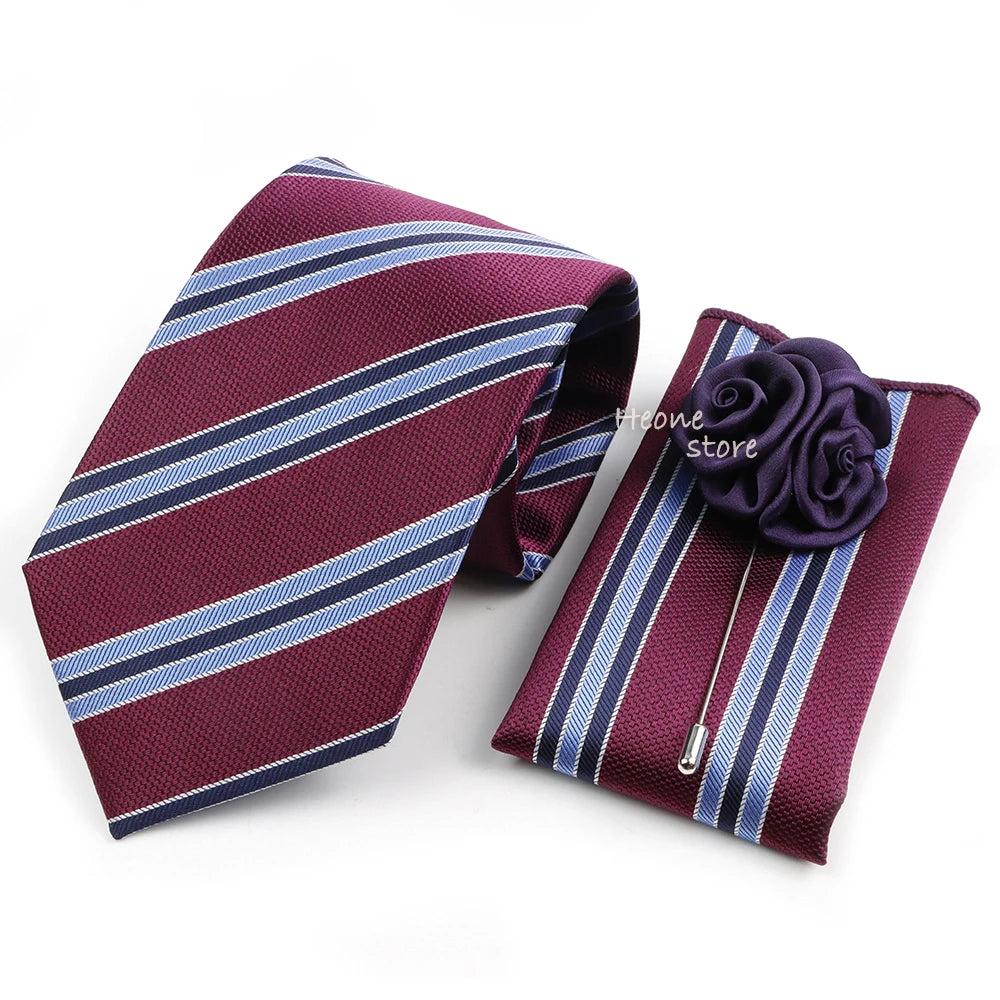 Men's Striped Necktie, Pocket Square & Brooch Set | Groom & Groomsmen Wedding Accessory