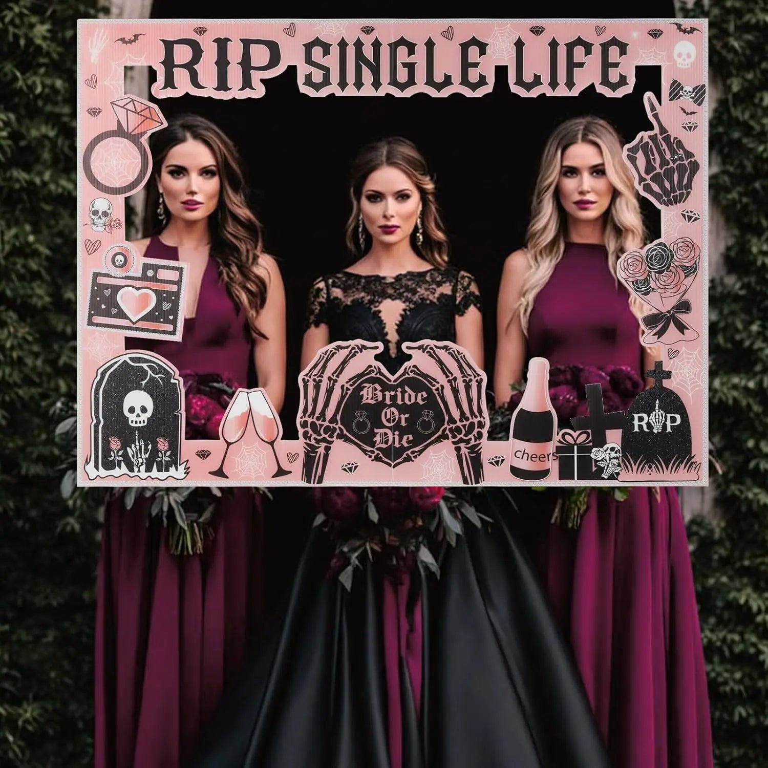 Rose Gold Rip Single Life Bachelorette Party Decor Photo Booth Prop Frame for Gothic Bride Or Die Engagement Bridal Shower Party