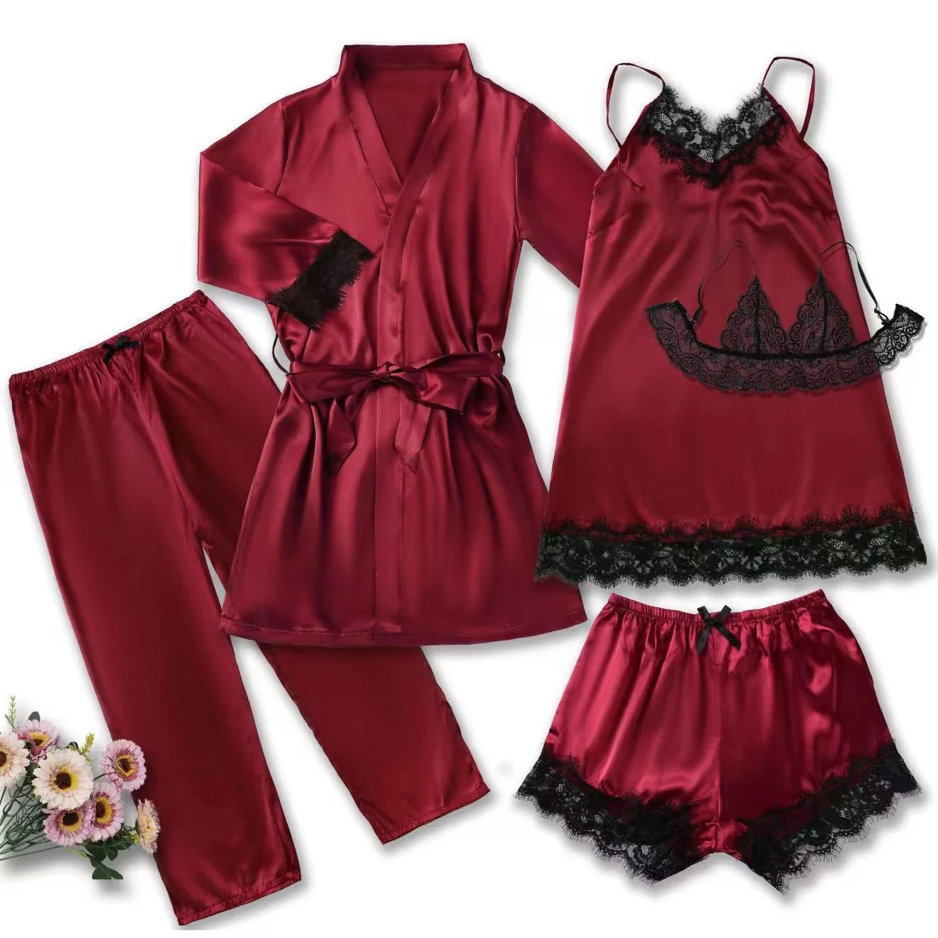 Ensemble de pyjama en satin pour femme, rose, lingerie sexy, robe de chambre, patchwork en dentelle, nuisette en soie, pantalon, vêtements de nuit pour la maison