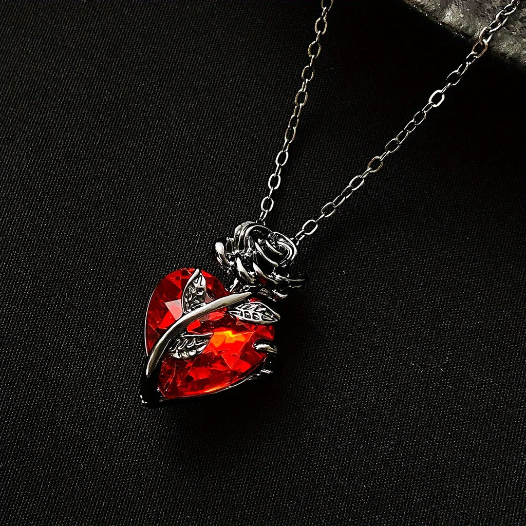 Gothic Black Rose & Red Stone Heart Pendant Necklace