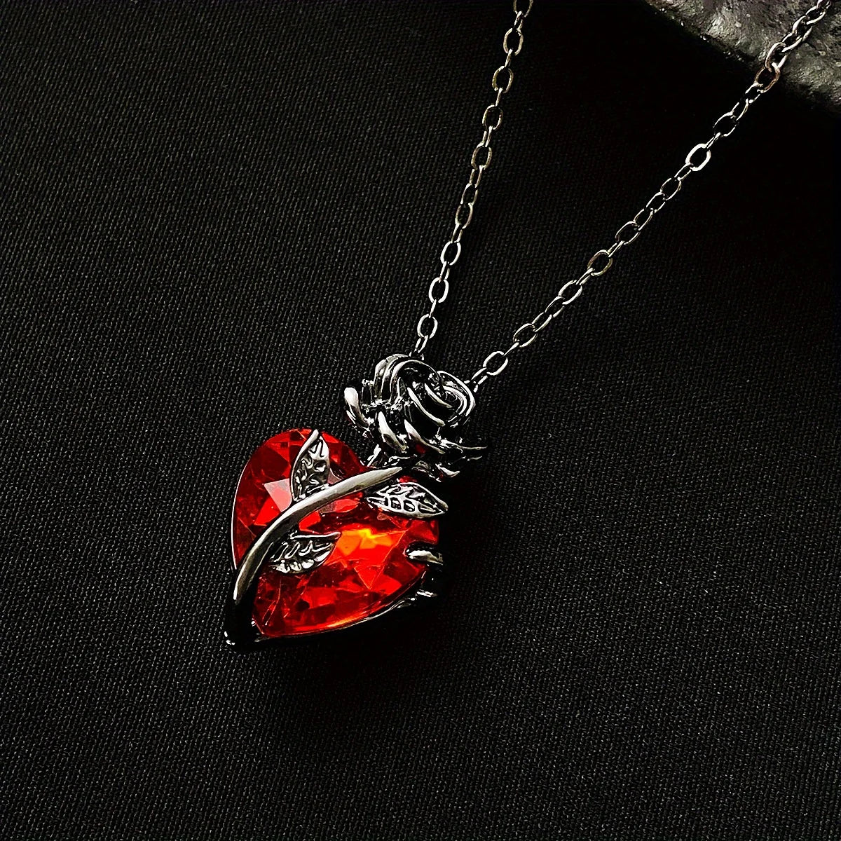 Gothic Black Rose & Red Stone Heart Pendant Necklace