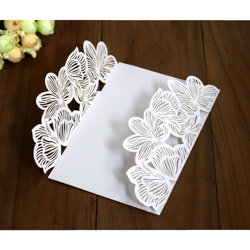 10/20pcs Fleurs Cartes d'invitations de mariage Papier blanc Anniversaire Carte de vœux Couverture Fournitures de décoration de fête de mariage et de fiançailles