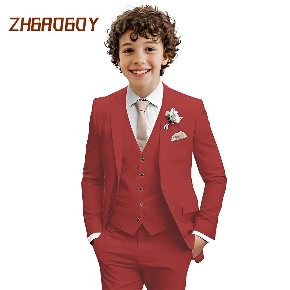 Costume Garçon 3 Pièces Coupe Slim Smoking Enfant Tenue de Mariage Formelle Ensemble Blazer Gilet Pantalon