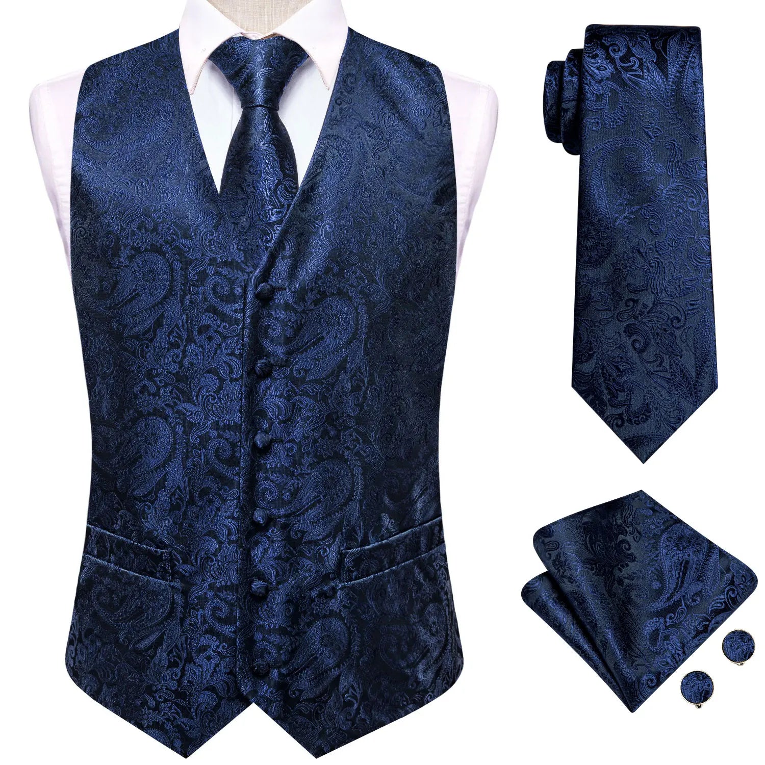Gilets de costume en soie Hi-Tie pour homme, 4 pièces, tissés, vert sauge uni, gilet, cravate, pochette, boutons de manchette, pour affaires, mariage, robe, veste de taille