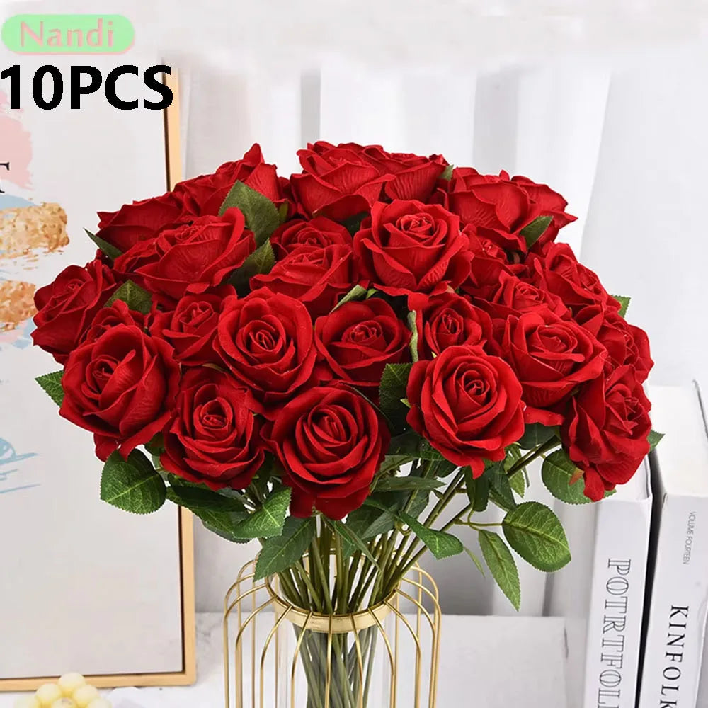 Velvet Artificial Rose Flowers for Wedding Décor & DIY (Set of 10)