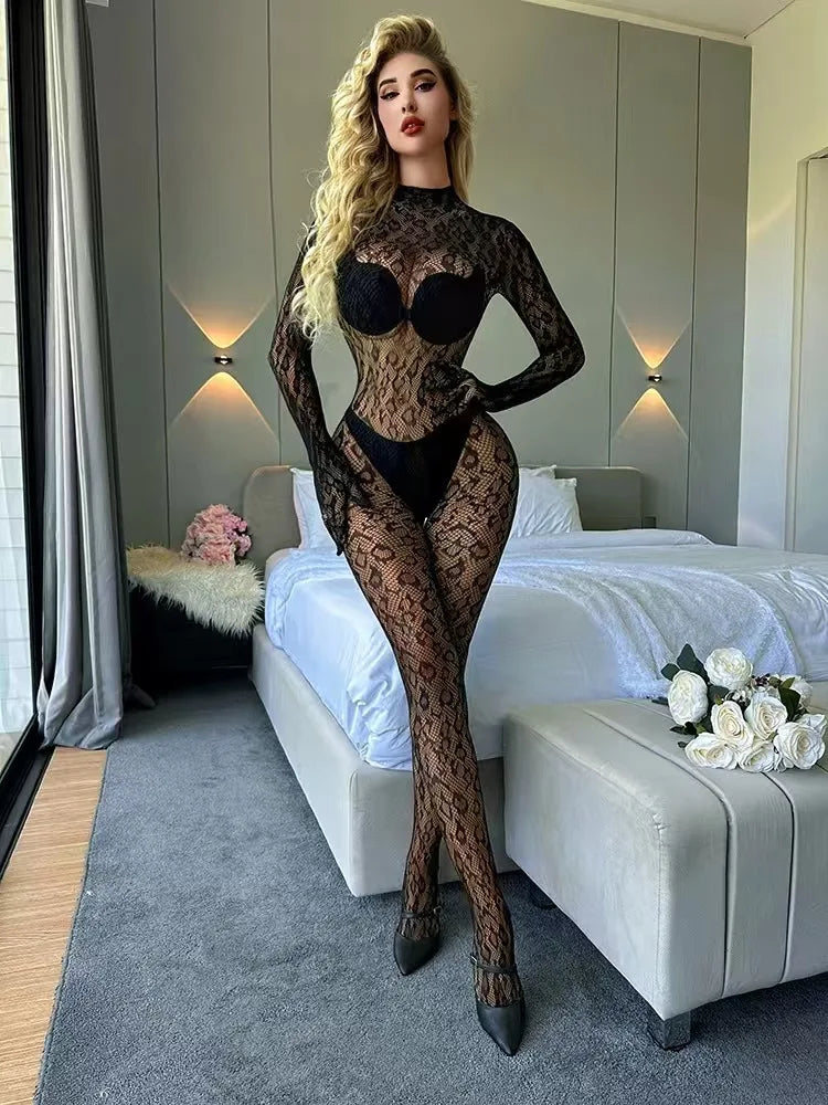 Femmes Sexy Léopard Creux Maille Bodystocking Résille Lingerie Manches Longues Transparent Body Combinaison Nuisette SIMPLEJEWEL