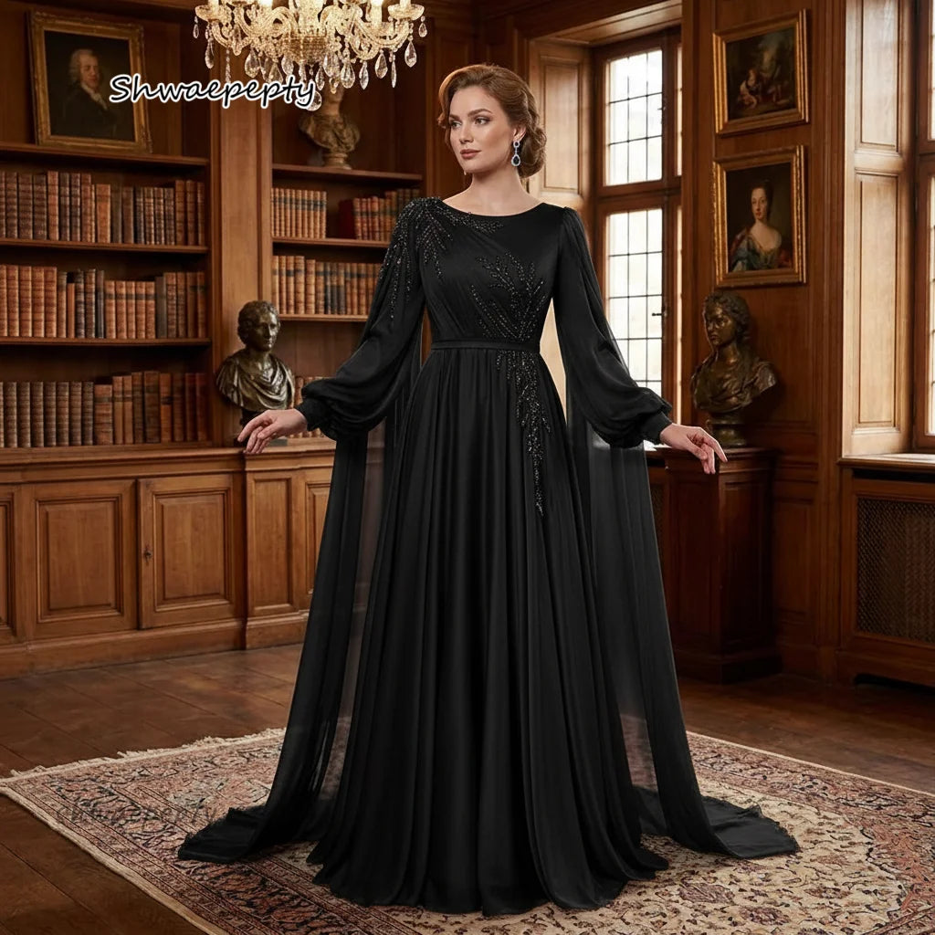 Robes de Soirée Élégantes Musulmanes en Mousseline de Soie Perles Robe de Bal Longue Ligne A Manches Longues Bourgogne Robes de Soirée Formelles pour Femmes Personnalisables