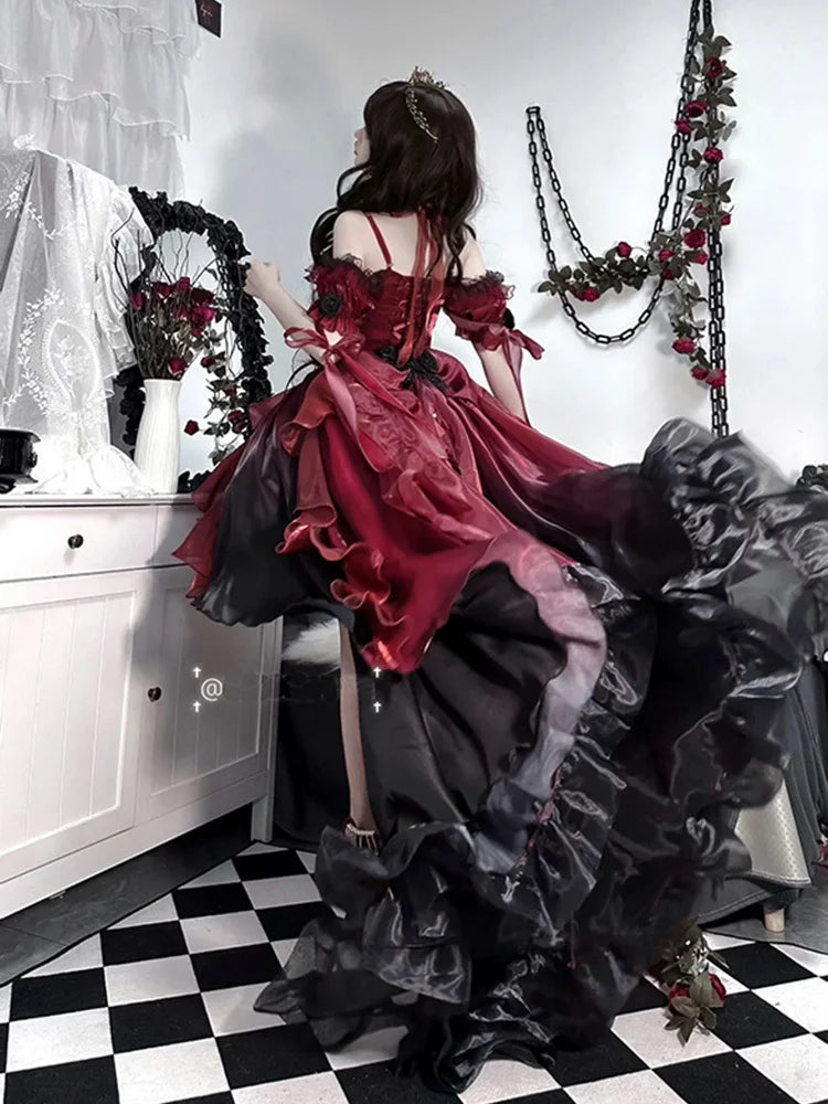 Robe de mariée gothique rouge fleur Cosplay Lolita Robe Op Lolita Robe de princesse bouffante à traîne pour l'industrie lourde, Cosplay Lolita