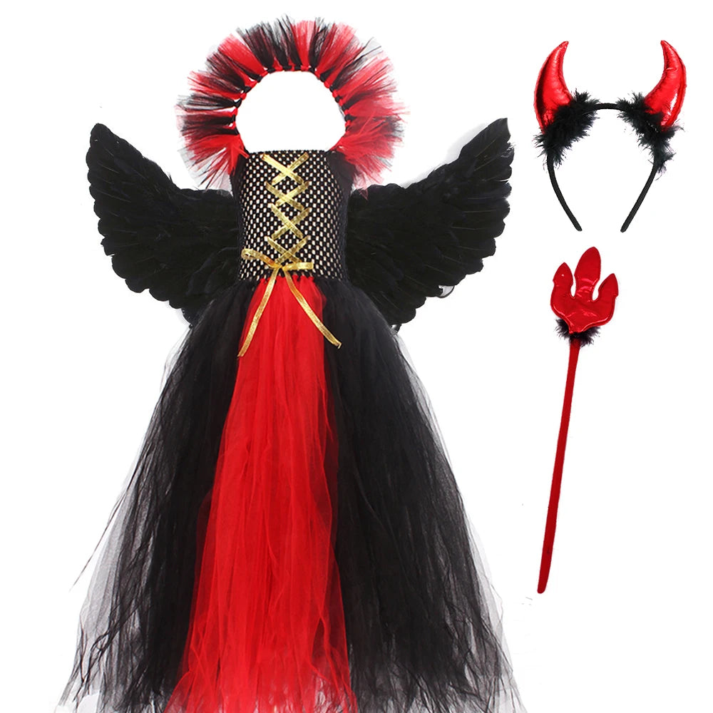 Costume de petite fille vampire gothique Robe de reine maléfique Tutu pour Halloween Fête cosplay Vêtements pour enfants Déguisement