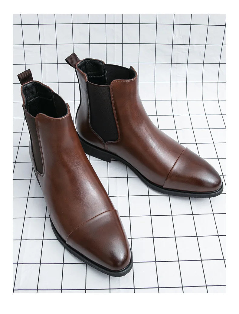 Bottes Cheville Homme Affaires Semelle Rouge Bout Pointu Bottines Habillées Britanniques Chaussures Hautes en Cuir Décontractées Chelsea Homme à Enfiler