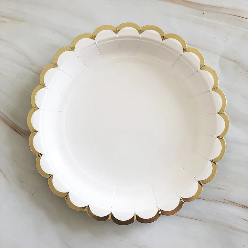 Vaisselle jetable dorée et blanche, assiettes en carton, pailles, gobelets pour 1er anniversaire, mariage, décoration, fête prénatale, fournitures de fête pour enfants.