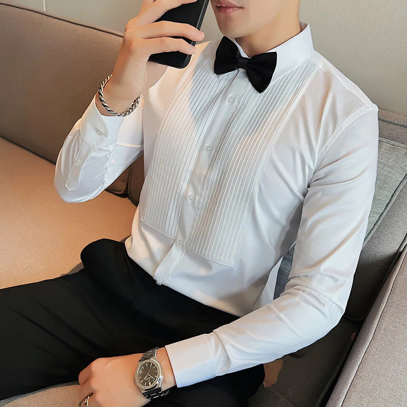Men's Pleated Tuxedo Dress Shirt – Slim Fit Groom & Groomsmen Wedding Shirt