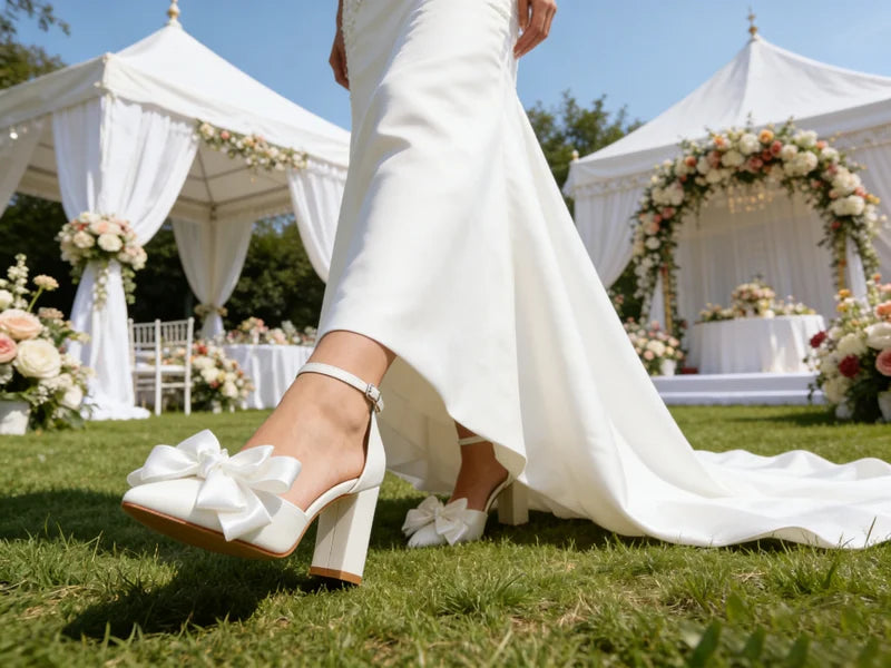 New Leather Solid Snow White Wedding Banquet Ball Thick Heel Pointed Hollow High Quality BowKnot High Heel Sexy Women's Shoes