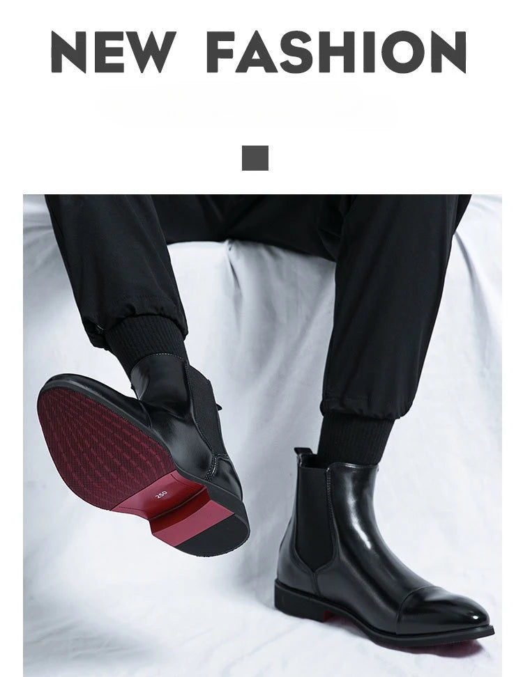 Bottes Cheville Homme Affaires Semelle Rouge Bout Pointu Bottines Habillées Britanniques Chaussures Hautes en Cuir Décontractées Chelsea Homme à Enfiler