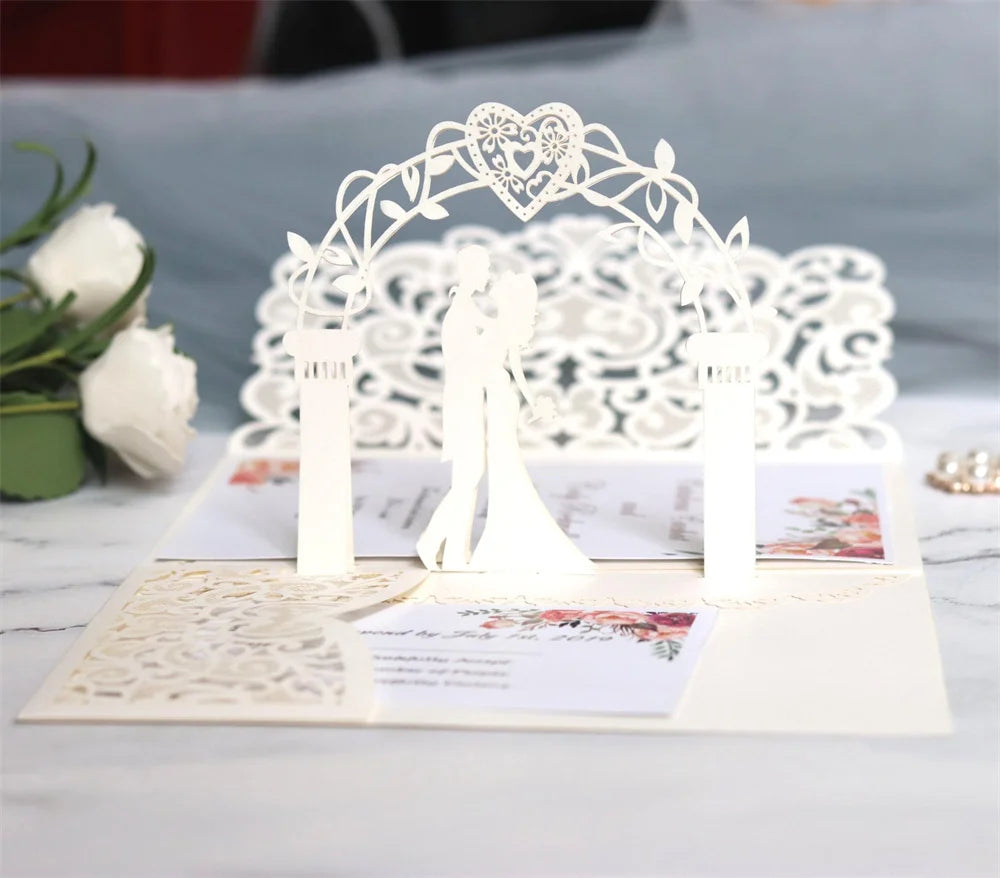 6 Pièces/Lot 3D Pop Up Mariés Ivoire Carte d'invitation de mariage Laser Poche Florale Douche nuptiale Invitations de fiançailles