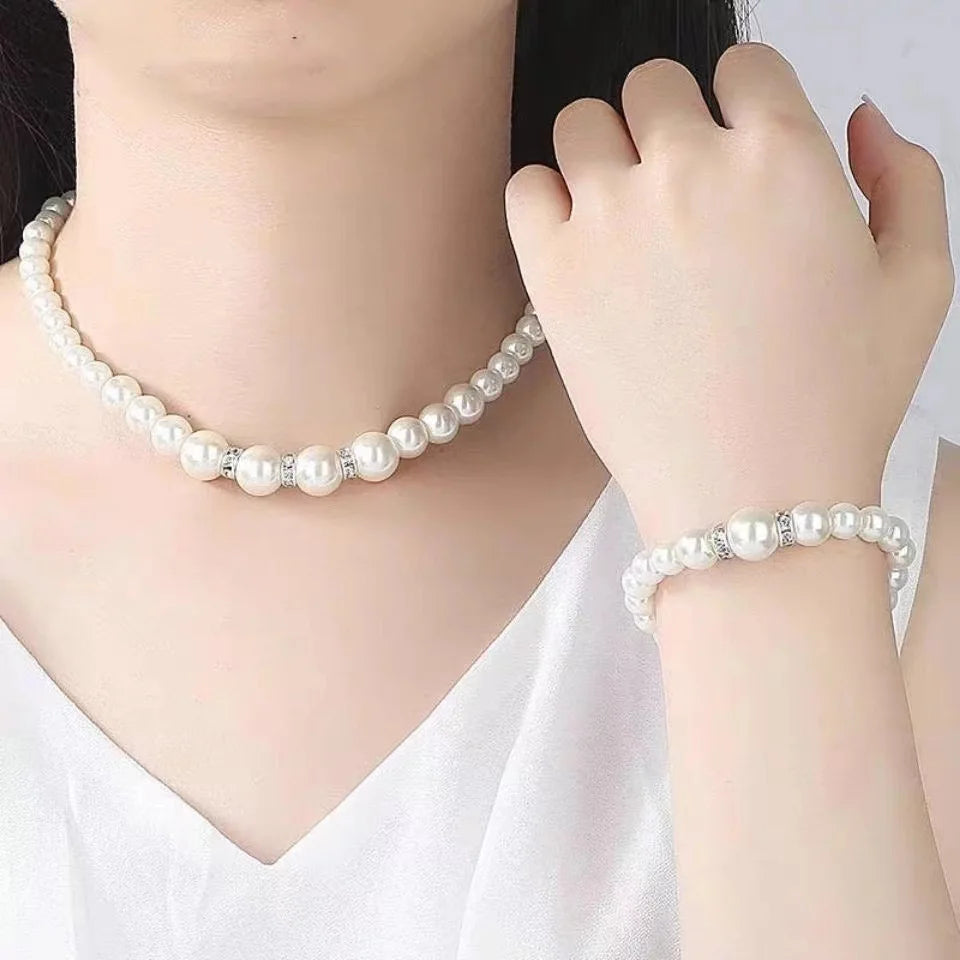 Parure de mariée 3 pièces perles et cristaux — collier, bracelet et boucles d'oreilles
