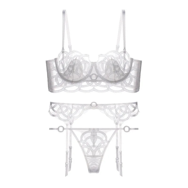 CINOON Lingerie sexy brodée pour femme Ensemble soutien-gorge push-up en dentelle fine et transparente + porte-jarretelles + string, ensemble de 3 pièces de lingerie française