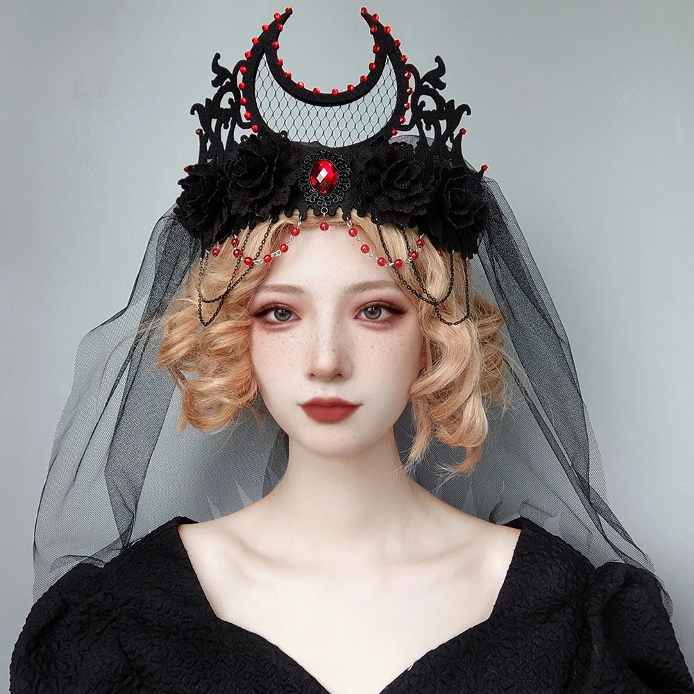 Couronne Gothique Serre-tête Rose Noire Rouge Halloween Roi Mariée Coiffe Sorcière Cosplay Coiffe Fête Mascarade Couvre-chef