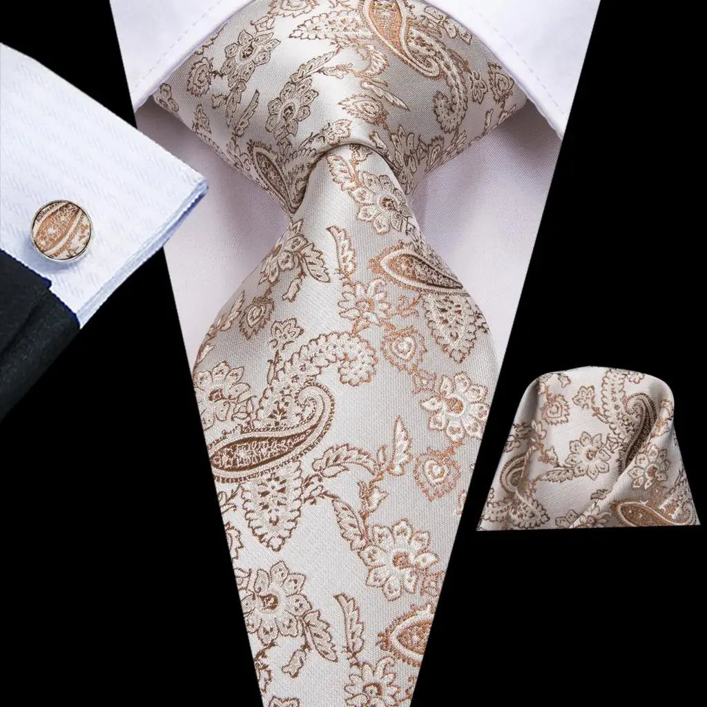 Silk Paisley & Floral Necktie Gift Set | Groom & Groomsmen Wedding Tie with Pocket Square & Cufflinks
